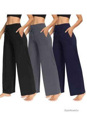 3 Pack Wide Leg Pants with Pockets - High Waisted Yoga Lounge Sweatpants